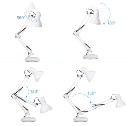 TORCHSTAR Metal Desk Lamp with Clamp, Swing Arm, Architect Adjustable Gooseneck Table Lamp, Clip Desk Lights for Home Office, Work, Study, Reading, E26 Base, Multi-Joint, White - color: White