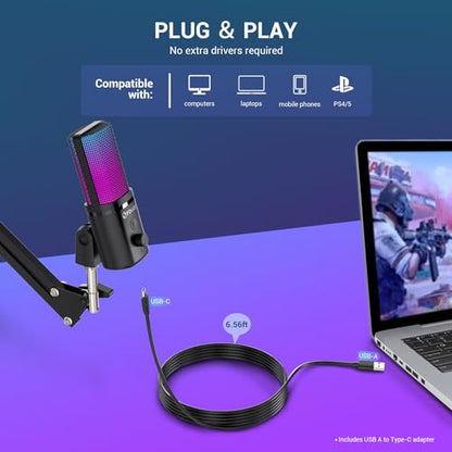 FDUCE Gaming USB Microphone, RGB Condenser mic with Mute, Gain, Monitoring, Boom Arm for Streaming, Podcast, Twitch, YouTube, PC, Computer, PS5, (M160+) - style: Mic with Boom Arm