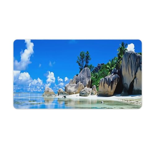Beaches Scene France Seychelles Large Extended Gaming Mouse Pad (16x30in) - Durable Stitched Edges XXL Desk Mat for Keyboard and Mouse - Water Resistant & Non-Slip Rubber Base - color: black-3, size: 16x30in