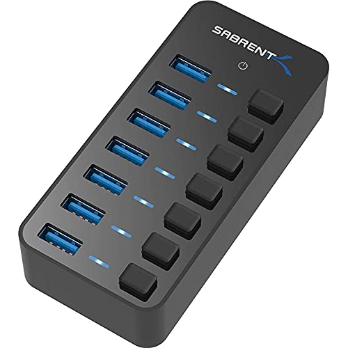 SABRENT 36W 7 Port USB 3.0 Hub with Individual Power Switches and LEDs Includes 36W 12V/3A Power Adapter (HB-BUP7) - size: 7-Port - 7 USB 3.0