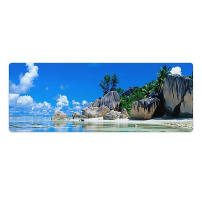 Beaches Scene France Seychelles Large Extended Gaming Mouse Pad (12x31.5in) - Durable Stitched Edges XXL Desk Mat for Keyboard and Mouse - Water Resistant & Non-Slip Rubber Base - color: black-3, size: 12x31.5in