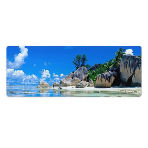 Beaches Scene France Seychelles Large Extended Gaming Mouse Pad (12x31.5in) - Durable Stitched Edges XXL Desk Mat for Keyboard and Mouse - Water Resistant & Non-Slip Rubber Base - color: black-3, size: 12x31.5in