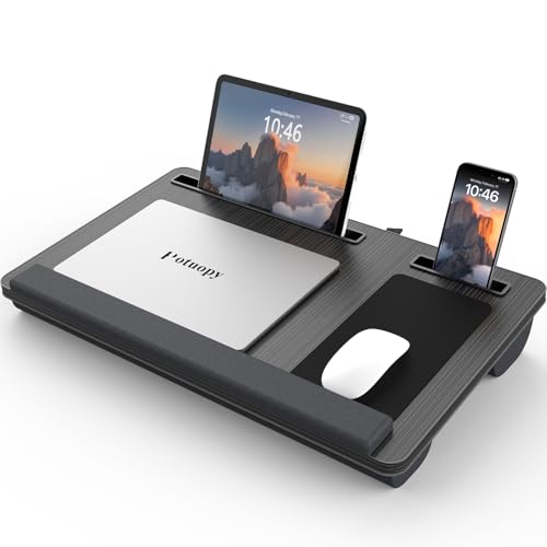 Potuopy Lap Desk - Up to 17” Laptop Tray with Wrist Rest, Portable Handle, Fixed Mouse Pad, Tablet & Phone Slots, Laptop Stand for Bed with Cushion (Black) - color: Black