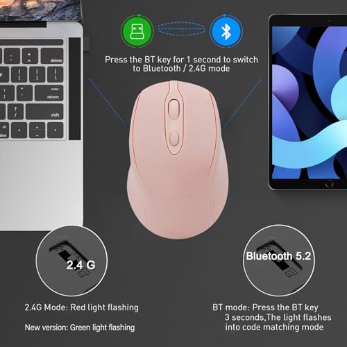 Wireless Bluetooth Mouse USBC for MacBook Air Laptop, USB C Rechargeable Wireless Mouse Compatible with Mac Desktop/Surface Pro Portable Computer Mice (BT5.2/3.0, 2.4G USB A, Type-C) - color: Pink