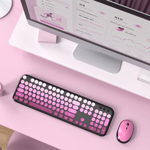 MOFII Wireless Keyboard and Mouse Combo, Full Size 2.4G Retro Round Computer Keyboard and Mouse Set, Plug and Play, for Windows, Computer, Desktop, PC, Notebook - (Black Pink Gradient) - color: Lovely Black Pink Gradient