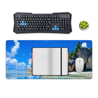 Beaches Scene France Seychelles Large Extended Gaming Mouse Pad (16x36in) - Durable Stitched Edges XXL Desk Mat for Keyboard and Mouse - Water Resistant & Non-Slip Rubber Base - color: black-3, size: 16x36in
