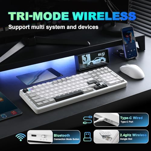 YUNZII AL98 QMK/VIA Wireless Mechanical Gaming Keyboard,Full Aluminum,BT/2.4G/USB-C, Pre-Lubed Hot Swappable Gasket Mount 1800 Layout,RGB Backlit for Win/Mac (White, Milk Switch) - color: White, size: Milk Switch