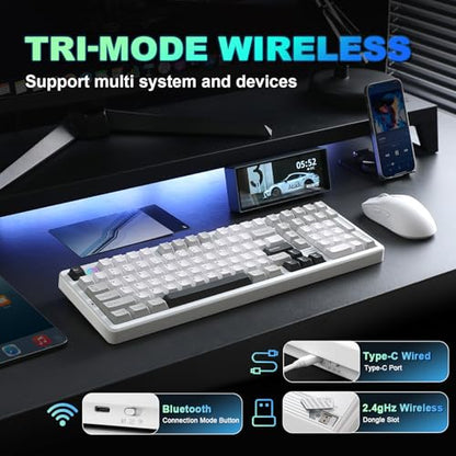 YUNZII AL98 QMK/VIA Wireless Mechanical Gaming Keyboard,Full Aluminum,BT/2.4G/USB-C, Pre-Lubed Hot Swappable Gasket Mount 1800 Layout,RGB Backlit for Win/Mac (White, Milk Switch) - color: White, size: Milk Switch