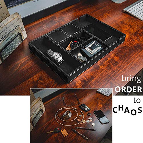 ULTRAY, Valet Tray for Men, Nightstand Organizer, Entry Table Organizer, Catch All, Black Faux Leather Box, 6 Compartments