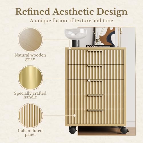5 Drawer Chest, Under Desk Storage Wood Drawers with Wheels,Fluted File Cabinet for Home Office, Light Walnut - color: Light Walnut
