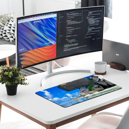 Beaches Scene France Seychelles Large Extended Gaming Mouse Pad (16x30in) - Durable Stitched Edges XXL Desk Mat for Keyboard and Mouse - Water Resistant & Non-Slip Rubber Base - color: black-3, size: 16x30in