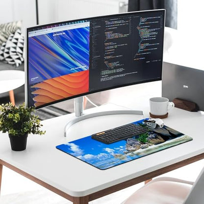 Beaches Scene France Seychelles Large Extended Gaming Mouse Pad (16x30in) - Durable Stitched Edges XXL Desk Mat for Keyboard and Mouse - Water Resistant & Non-Slip Rubber Base - color: black-3, size: 16x30in