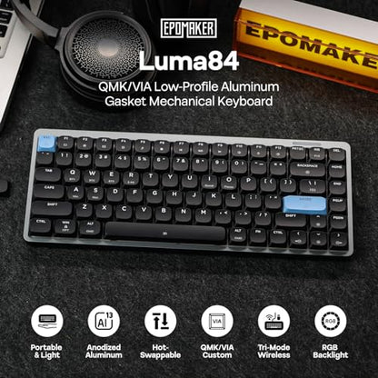 EPOMAKER Luma84 Low Profile Aluminum Mechanical Keyboard, QMK/VIA Programmable, Tri-Mode Wireless, Win/MAC/Linux Compatible, RGB Backlight (Black&Blue, Gateron Low-Profile Brown Switch) - color: Black&Blue, size: Gateron Low-Profile Brown Switch