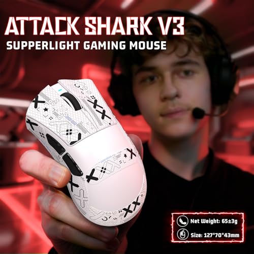 ATTACK SHARK V3 Ultra-Light Wireless Gaming Mouse,PAW3311 Sensor, 500mAh, 62g, 25KDPI 2.4G/BT/USB-C Rechargeable Wireless Mouse with 5 Programmable Buttons for Laptop,PC,Mac Gamer (White Griptape) - color: White Griptape