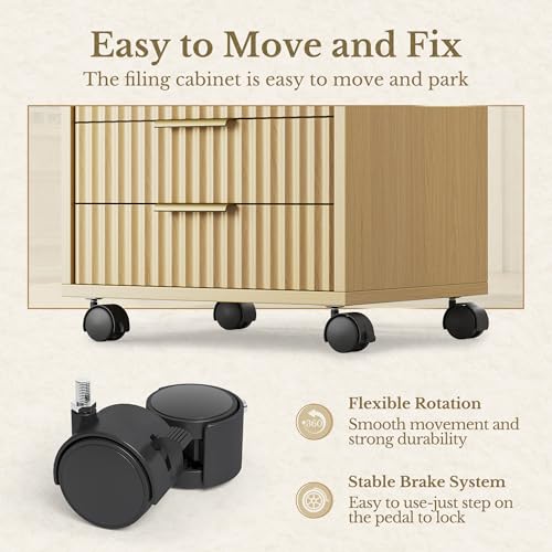 5 Drawer Chest, Under Desk Storage Wood Drawers with Wheels,Fluted File Cabinet for Home Office, Light Walnut - color: Light Walnut