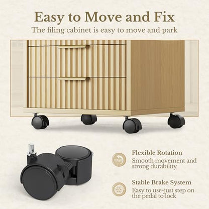 5 Drawer Chest, Under Desk Storage Wood Drawers with Wheels,Fluted File Cabinet for Home Office, Light Walnut - color: Light Walnut