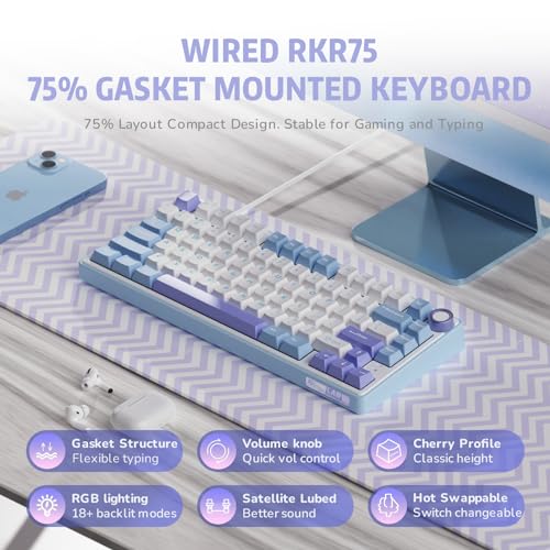 RK ROYAL KLUDGE R75 Mechanical Keyboard Wired with Volume Knob, 75% Custom Gaming Keyboard Gasket Mount RGB Backlit with Software, Cherry Profile, Hot Swappable Silver Switch, PBT Keycaps - color: purple