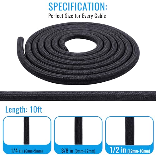 1/2" Braided Cable Sleeve - 10Ft Cat Cord Protector Split Wire Loom Tubing Flexible Self Wrapping for USB, Audio, Automotive Cord, Dog Chew Proof Cable Protector - Black - size: 1/2" - 10Ft
