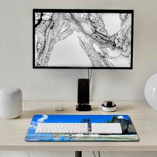 Beaches Scene France Seychelles Large Extended Gaming Mouse Pad (16x30in) - Durable Stitched Edges XXL Desk Mat for Keyboard and Mouse - Water Resistant & Non-Slip Rubber Base - color: black-3, size: 16x30in