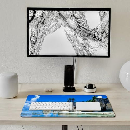 Beaches Scene France Seychelles Large Extended Gaming Mouse Pad (16x30in) - Durable Stitched Edges XXL Desk Mat for Keyboard and Mouse - Water Resistant & Non-Slip Rubber Base - color: black-3, size: 16x30in