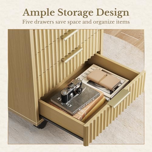 5 Drawer Chest, Under Desk Storage Wood Drawers with Wheels,Fluted File Cabinet for Home Office, Light Walnut - color: Light Walnut