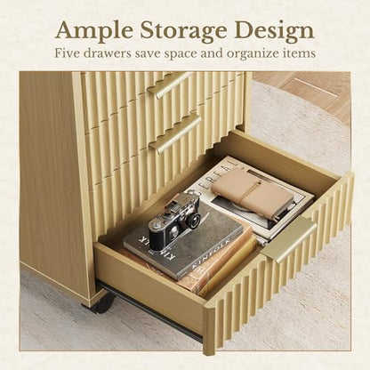5 Drawer Chest, Under Desk Storage Wood Drawers with Wheels,Fluted File Cabinet for Home Office, Light Walnut - color: Light Walnut
