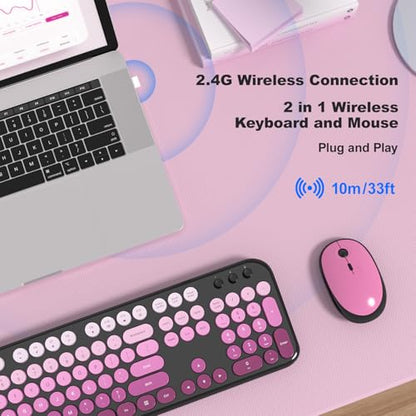 MOFII Wireless Keyboard and Mouse Combo, Full Size 2.4G Retro Round Computer Keyboard and Mouse Set, Plug and Play, for Windows, Computer, Desktop, PC, Notebook - (Black Pink Gradient) - color: Lovely Black Pink Gradient