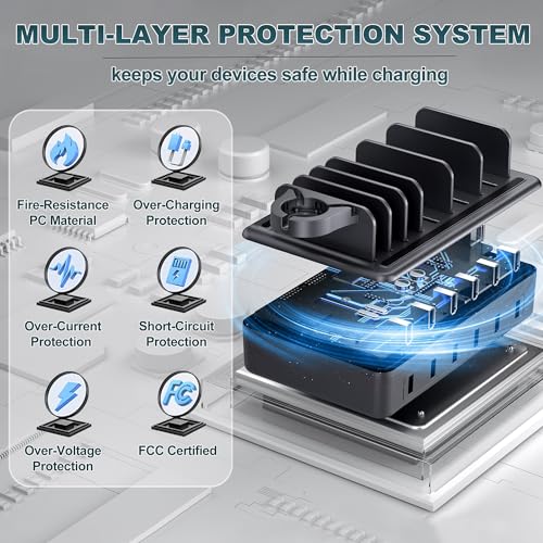 Charging Station for Multiple Devices, 6 in 1 Charger Station Multiple Charging Station for Cellphone Tablet iPhone iPad and More-50W Charging Dock with Mixed Charging Cables - color: Space Gray