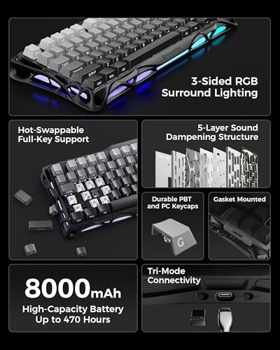 GravaStar Mercury K1 75% Wireless Mechanical Gaming Keyboard, Aluminum Alloy, Gasket Compact Custom Keyboard Hot-Swap Socket, Linear Switches, RGB Backlit - Gradient Black - color: Gradient Black