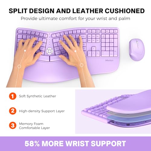 MEETION Ergonomic Keyboard and Mouse Combo, 2.4G Cordless Split Keyboard with Cushioned Palm Rest, Vertical Wireless Mousefor Windows/Mac Purple - color: Purple