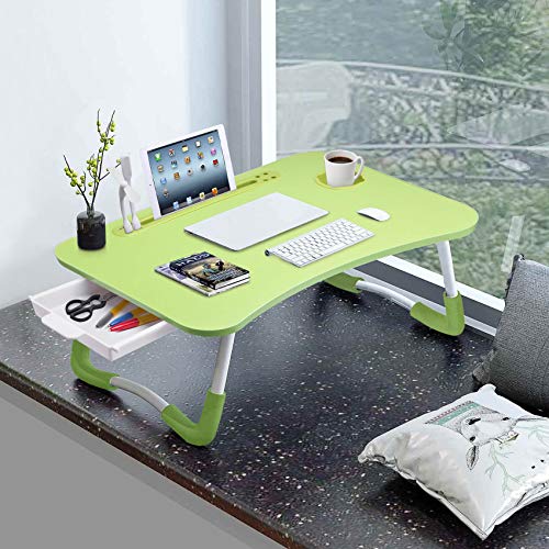 Slendor Lap Desk with Tablet Slot, Foldable Laptop Table with Storage Drawer for Bed，Portable Bed Desk for Laptop, Computer Tray with Cup Holder Notebook Stand Reading Holder for Couch Floor, Green - color: Green