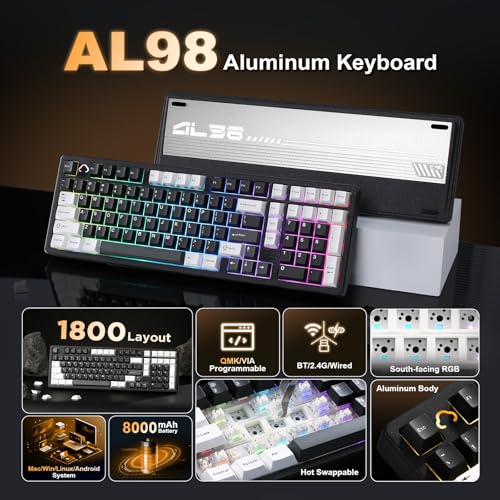 YUNZII AL98 QMK/VIA Wireless Mechanical Gaming Keyboard,Full Aluminum,BT/2.4G/USB-C, Pre-Lubed Hot Swappable Gasket Mount 1800 Layout,RGB Backlit for Win/Mac (Black, Milk Switch) - color: Black, size: Milk Switch