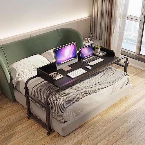 TigerDad Overbed Table with Wheels Overbed Desk Over Bed Desk King Queen Bed Table Overbed Laptop Table Over Bed Table with Wheels(Black) - color: Black