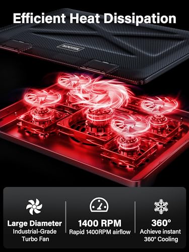 Kootek Laptop Cooling Pad, Laptop Cooler with 5 Quiet Fans for 12"-17" Computer PC Notebook Gaming Laptop Fan, Height Adjustable Laptop Cooling Stand Laptop Accessories, Red - color: Red