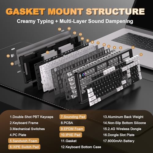 YUNZII AL98 QMK/VIA Wireless Mechanical Gaming Keyboard,Full Aluminum,BT/2.4G/USB-C, Pre-Lubed Hot Swappable Gasket Mount 1800 Layout,RGB Backlit for Win/Mac (Black, Milk Switch) - color: Black, size: Milk Switch