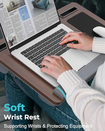 Potuopy Lap Desk - Up to 17” Laptop Tray with Wrist Rest, Portable Handle, Fixed Mouse Pad, Tablet & Phone Slots, Laptop Lap Desk with Cushion (Dark Brown) - color: Dark Brown
