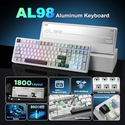 YUNZII AL98 QMK/VIA Wireless Mechanical Gaming Keyboard,Full Aluminum,BT/2.4G/USB-C, Pre-Lubed Hot Swappable Gasket Mount 1800 Layout,RGB Backlit for Win/Mac (White, Milk Switch) - color: White, size: Milk Switch