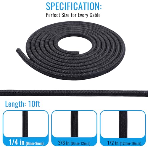 1/4" Braided Cable Sleeve - 10Ft Cat Cord Protector Split Wire Loom Tubing Flexible Self Wrapping for USB, Audio, Automotive Cord, Dog Chew Proof Cable Protector - Black - size: 1/4" - 10Ft