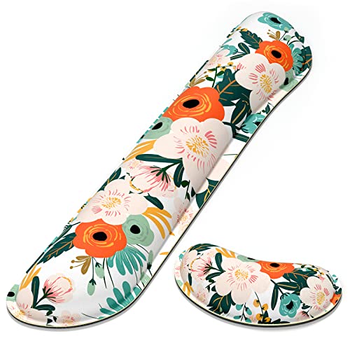 Dapesuom Enlarge Keyboard Wrist Rest, Memory Foam Wrist Cushion for Desk Mats Support, Cute Flower Pain Relief Keyboard Mouse Pad Rests Set with Non-Slip Base for Gaming Laptop Office Computer, Pink - color: Cute Pink Flowers