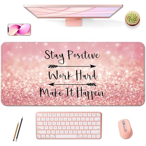 Desk Mat,Large Mouse Pad 35''×15.6'' XXL Extended Gaming Mouse Pad Mat with Non-Slip Base Stitched Eges Mousepad for Computer,Office,Keyboard and Laptop - Pink Stay Positive - color: A10-Stay Positive