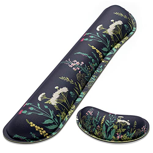 Dapesuom Enlarge Keyboard Wrist Rest, Memory Foam Wrist Cushion for Desk Mat Support, Cute Pain Relief Keyboard Mouse Pad Rests Set with Non-Slip Base for Gaming Laptop Office Computer, Elegant Flower - color: Elegant Flower