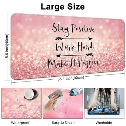 Desk Mat,Large Mouse Pad 35''×15.6'' XXL Extended Gaming Mouse Pad Mat with Non-Slip Base Stitched Eges Mousepad for Computer,Office,Keyboard and Laptop - Pink Stay Positive - color: A10-Stay Positive