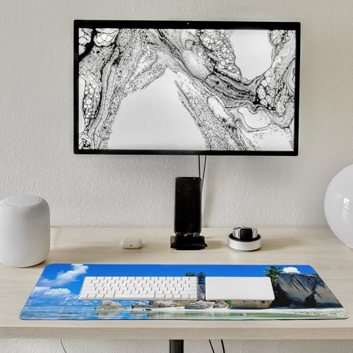 Beaches Scene France Seychelles Large Extended Gaming Mouse Pad (12x31.5in) - Durable Stitched Edges XXL Desk Mat for Keyboard and Mouse - Water Resistant & Non-Slip Rubber Base - color: black-3, size: 12x31.5in