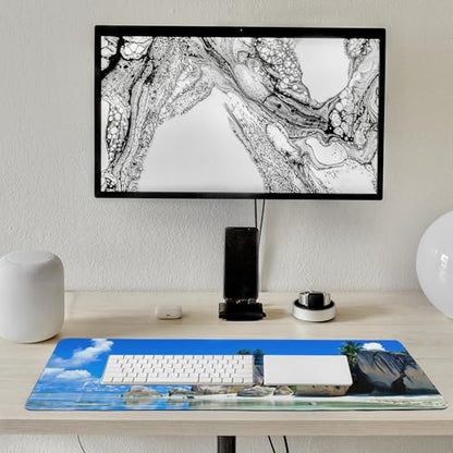 Beaches Scene France Seychelles Large Extended Gaming Mouse Pad (12x31.5in) - Durable Stitched Edges XXL Desk Mat for Keyboard and Mouse - Water Resistant & Non-Slip Rubber Base - color: black-3, size: 12x31.5in
