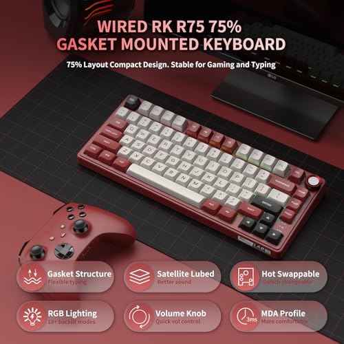 RK ROYAL KLUDGE R75 Mechanical Keyboard Wired with Volume Knob, 75% Keyboard Gasket Mounted, RGB Backlit, Creamy Keyboard with MDA Profile, PBT Keycaps, Hot Swappable Pre-lubed Linear Switch - color: red