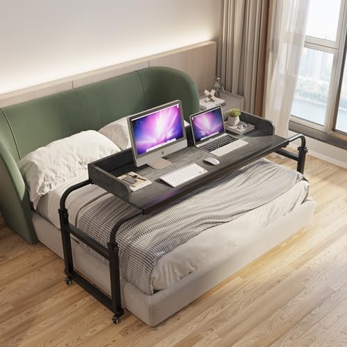 TigerDad Overbed Table with Wheels Overbed Desk Over Bed Desk King Queen Bed Table Overbed Laptop Table Over Bed Table with Wheels((Gray) - color: Grey