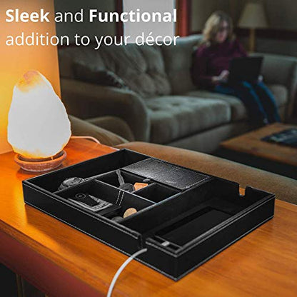 ULTRAY, Valet Tray for Men, Nightstand Organizer, Entry Table Organizer, Catch All, Black Faux Leather Box, 6 Compartments