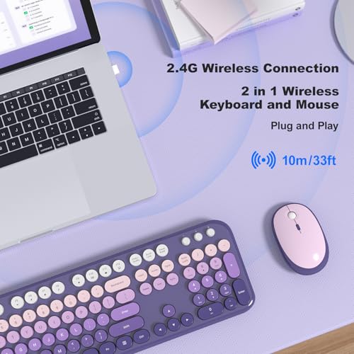 MOFII Wireless Keyboard and Mouse Combo, Full Size 2.4G Retro Round Computer Keyboard and Mouse Set, Plug and Play, for Windows, Computer, Desktop, PC, Notebook - (Purple Gradient) - color: Lovely-Purple Gradient