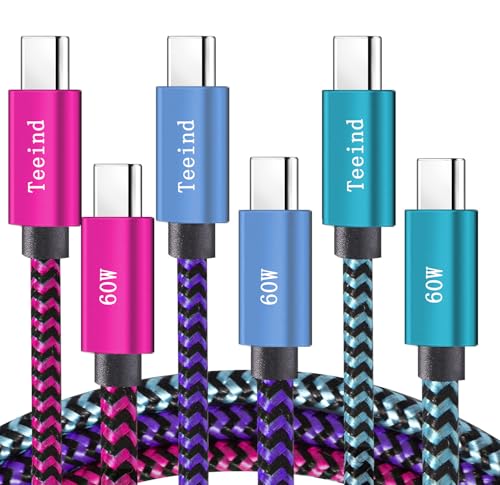 Teeind Type C Cable Fast Charging, Tpc002 3 Pack(3Ft/0.9M 60W) C to Type C Charger Nylon Braided Cord Compatible with iPhone 17/17 pro, 16/16 pro, MacBook, Samsung Galaxy S25/24/23/22, for Daily Use