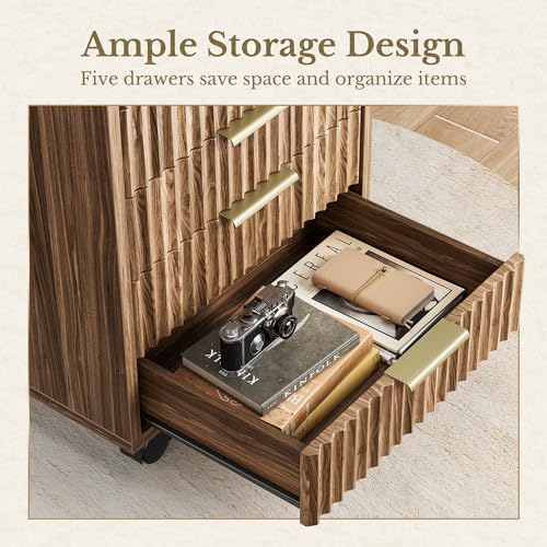 5 Drawer Chest, Under Desk Storage Wood Drawers with Wheels, Fluted File Cabinet for Home Office, Black Walnut - color: Black Walnut